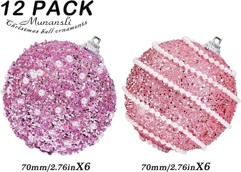 Munansli Pink Christmas Ball Ornaments, Christmas Ball Decorations Shatterproof Plastic Hanging Pearl Balls for Holiday Party(70mm/2.76", 12ct) - Image 4