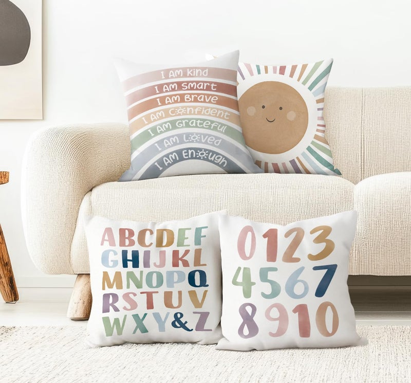 ISANOU Kids Playroom Decor,Boho Sun Alphabet Throw Pillow Covers,Kids Reading Nook Decor Pillowcase for Classroom Playroom Nursery,18x18 Inch Pillowcase Set of 4 - Image 2