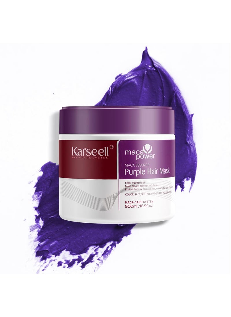 Karseell Karseell maca power Purple Hair Mask Professional Neutralizes Brass & Yellow Tones For Blonde Silver Gray Highlighted Hair 16.90 oz 500ml 