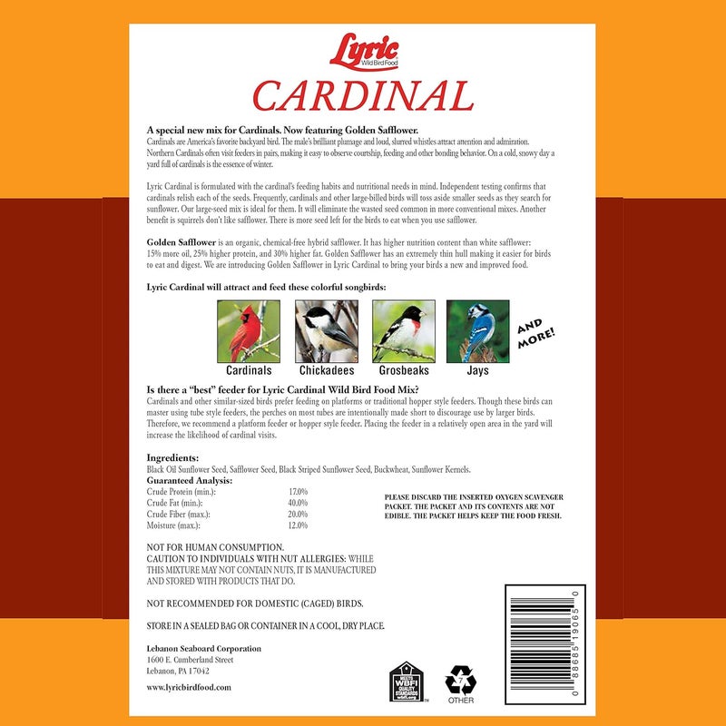 Lyric Cardinal Wild Bird Seed - Sunflower & Safflower Premium Bird Food Mix for Cardinals, Grosbeaks & Blue Jays - 3.75 lb bag - Image 2