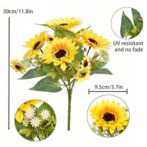 UoYeet 2 Pack 12’’Artificial Sunflower Bouquets – Faux Sunflower Stems with 5 Large Sunflower Heads, 6 Small Daisies & Green Leaves, Fake Flowers for DIY Home Office & Farmhouse Décor - Image 2