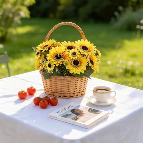 UoYeet 2 Pack 12’’Artificial Sunflower Bouquets – Faux Sunflower Stems with 5 Large Sunflower Heads, 6 Small Daisies & Green Leaves, Fake Flowers for DIY Home Office & Farmhouse Décor - Image 3