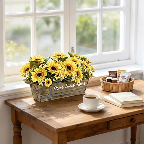 UoYeet 2 Pack 12’’Artificial Sunflower Bouquets – Faux Sunflower Stems with 5 Large Sunflower Heads, 6 Small Daisies & Green Leaves, Fake Flowers for DIY Home Office & Farmhouse Décor - Image 4