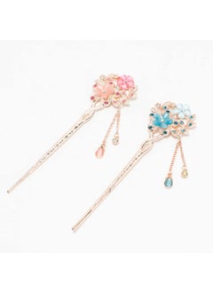 Meisuitd 2 PCS Chinese Rhinestone Hair Chopsticks Pink Blue Flower Hair Stick Tassel Hair Pin Chignon Pin Accessories for Long Hair Women and Girls 
