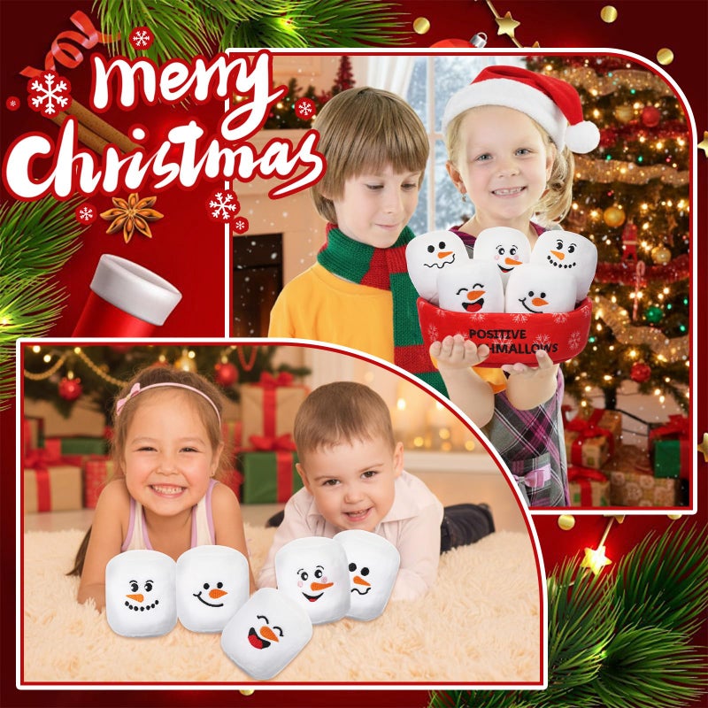 Vertintong Positive Snowman Marshmallows Doll Valentine's Day Basket Stuffers Gifts for Her/him Cuddly Stuffed Marshmallows for Ones of All Ages Winter Party Includes 5 Plushies with Carrying Basket - Image 5