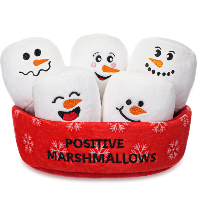 Vertintong Positive Snowman Marshmallows Doll Valentine's Day Basket Stuffers Gifts for Her/him Cuddly Stuffed Marshmallows for Ones of All Ages Winter Party Includes 5 Plushies with Carrying Basket - Image 1