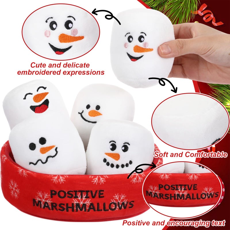 Vertintong Positive Snowman Marshmallows Doll Valentine's Day Basket Stuffers Gifts for Her/him Cuddly Stuffed Marshmallows for Ones of All Ages Winter Party Includes 5 Plushies with Carrying Basket - Image 3