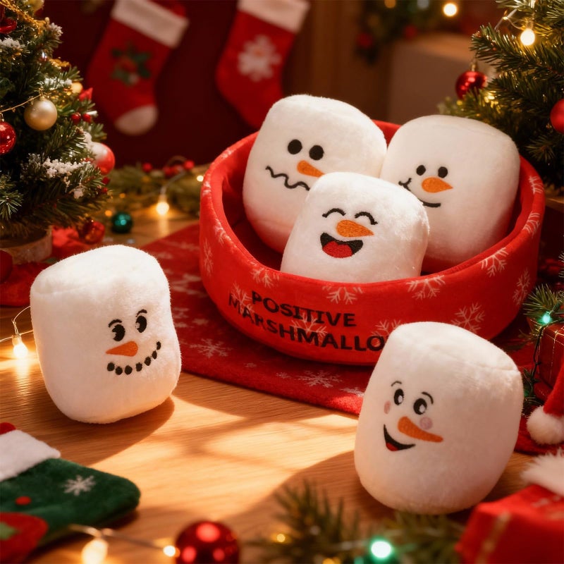 Vertintong Positive Snowman Marshmallows Doll Valentine's Day Basket Stuffers Gifts for Her/him Cuddly Stuffed Marshmallows for Ones of All Ages Winter Party Includes 5 Plushies with Carrying Basket - Image 2