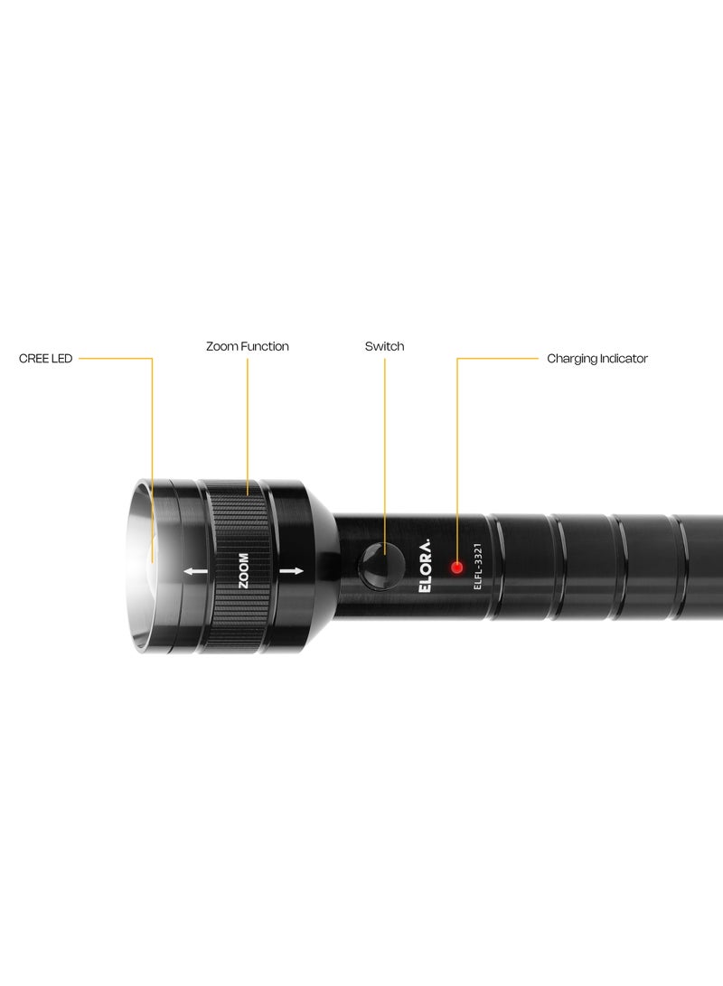 ELORA ZOOMABLE 2SC Rechargeable Flashlight 5000mAh Battery, long battery life use, Zoom function, Durable Metal Body, Water & Shock Resistant,  ELFL-3321 (Black) - Image 3
