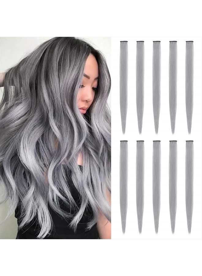 TOFAFA 22 inch Colored Hair Extensions Straight Hairpiece, Multi-colors Party Highlights Clip in Synthetic Hair Extensions (10 PCS Grey) - Image 1