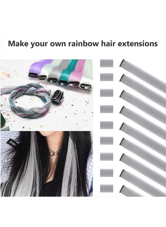 TOFAFA 22 inch Colored Hair Extensions Straight Hairpiece, Multi-colors Party Highlights Clip in Synthetic Hair Extensions (10 PCS Grey) - Image 2