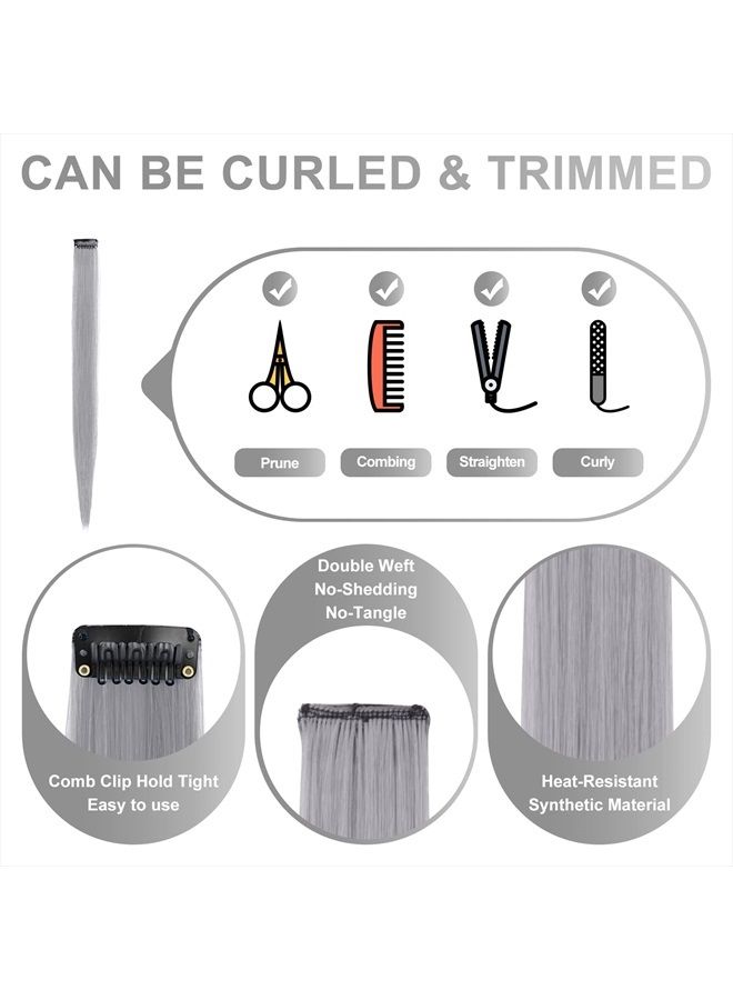 TOFAFA 22 inch Colored Hair Extensions Straight Hairpiece, Multi-colors Party Highlights Clip in Synthetic Hair Extensions (10 PCS Grey) - Image 4