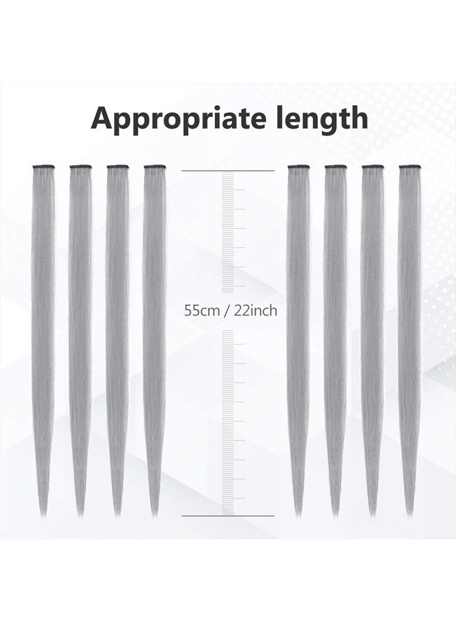 TOFAFA 22 inch Colored Hair Extensions Straight Hairpiece, Multi-colors Party Highlights Clip in Synthetic Hair Extensions (10 PCS Grey) - Image 3