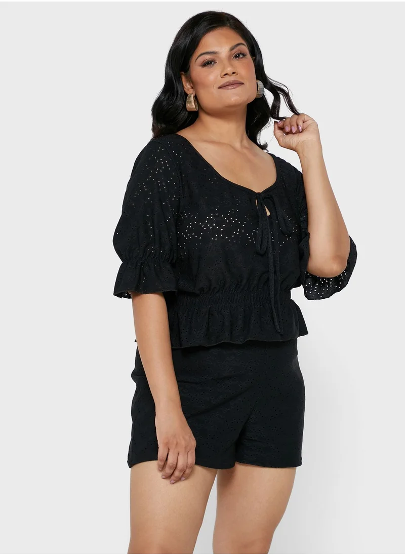 I Saw It First Curve Black Plus Size  Broderie Ruched Detail  Tie Front