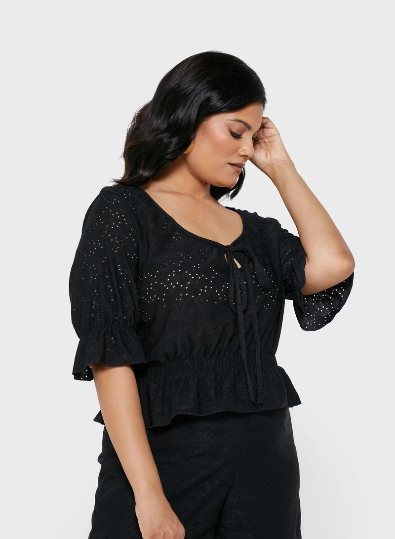 I Saw It First Curve Black Plus Size  Broderie Ruched Detail  Tie Front