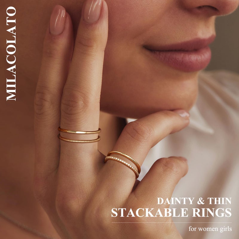 MILACOLATO 14K Gold Plated 1.3mm Thin Stackable Rings for Women - Minimalist Non Tarnish Cubic Zirconia Half Eternity Band Rings - Dainty Trendy Statement Stacking Rings Set G 8 - Image 2