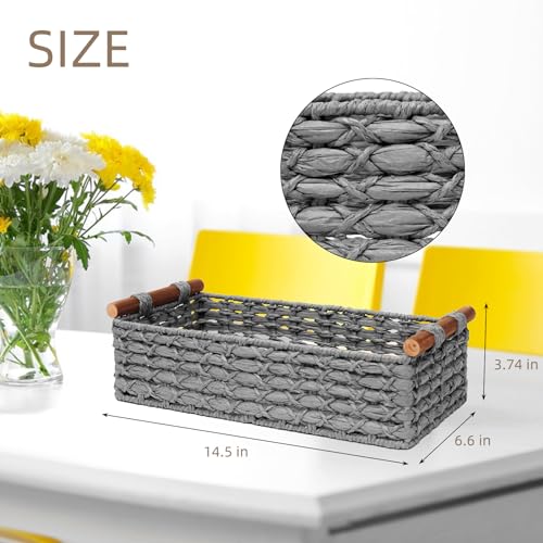 STOBSK Small Storage Basket Wicker Baskets for Organizing with Handle Decorative Storage Bin for Countertop Toilet Paper Basket for Toilet Tank Top Small Baskets,Light Grey - Image 2