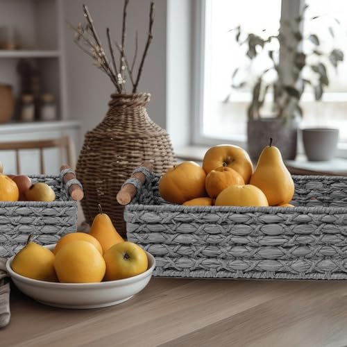 STOBSK Small Storage Basket Wicker Baskets for Organizing with Handle Decorative Storage Bin for Countertop Toilet Paper Basket for Toilet Tank Top Small Baskets,Light Grey - Image 3