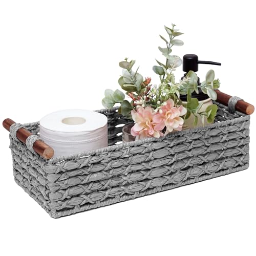 STOBSK Small Storage Basket Wicker Baskets for Organizing with Handle Decorative Storage Bin for Countertop Toilet Paper Basket for Toilet Tank Top Small Baskets,Light Grey - Image 1