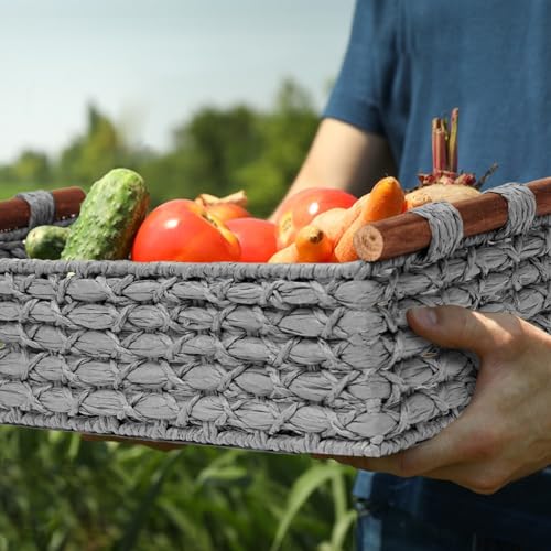 STOBSK Small Storage Basket Wicker Baskets for Organizing with Handle Decorative Storage Bin for Countertop Toilet Paper Basket for Toilet Tank Top Small Baskets,Light Grey - Image 5