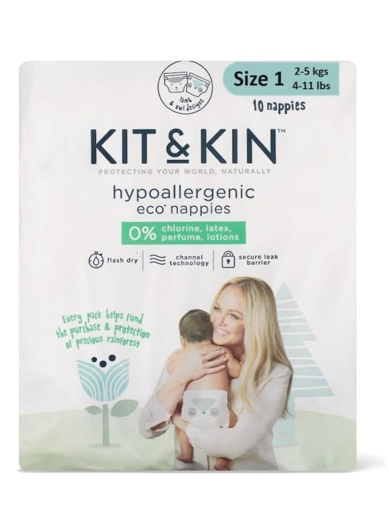 KIT & KIN Eco Friendly Premium Baby Diapers Size 1 (2-5kgs) | Pack of 10 Flash Dry Disposable Diapers, Leak Protection Hypoallergenic Diaper Size for Skin Protection Vegan Baby Diapers - Image 1