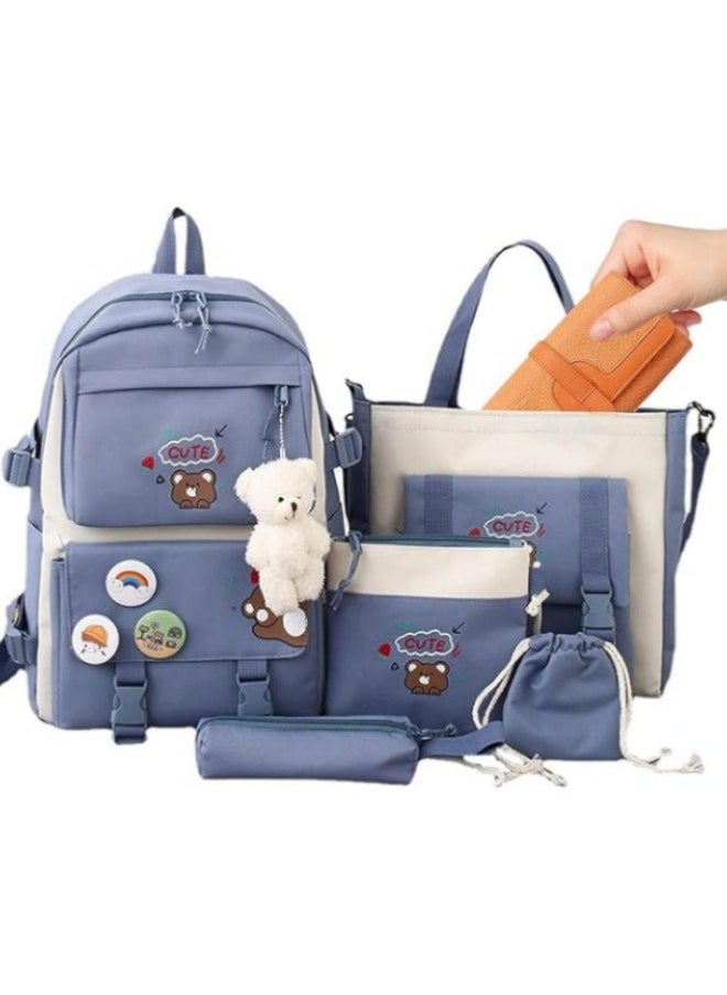 Generic - Cute Backpack Multi Set With Cute Plush Pendants & Badge High Capacity School Bag Cute Aesthetic Backpack 5 Pcs Backpack Fashion Book Bags With Cute Plush Pendant (Blue) - Image 1