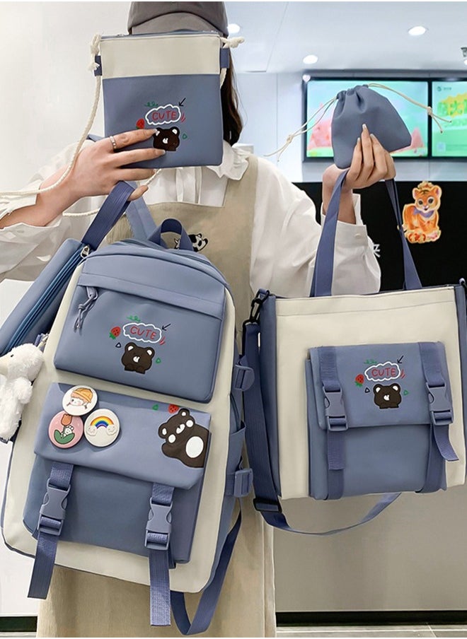 Generic - Cute Backpack Multi Set With Cute Plush Pendants & Badge High Capacity School Bag Cute Aesthetic Backpack 5 Pcs Backpack Fashion Book Bags With Cute Plush Pendant (Blue) - Image 1