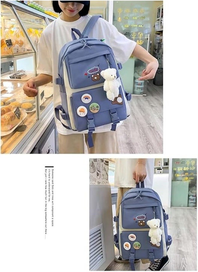 Generic - Cute Backpack Multi Set With Cute Plush Pendants & Badge High Capacity School Bag Cute Aesthetic Backpack 5 Pcs Backpack Fashion Book Bags With Cute Plush Pendant (Blue) - Image 1