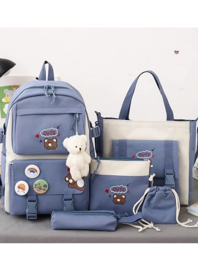 Generic - Cute Backpack Multi Set With Cute Plush Pendants & Badge High Capacity School Bag Cute Aesthetic Backpack 5 Pcs Backpack Fashion Book Bags With Cute Plush Pendant (Blue) - Image 1