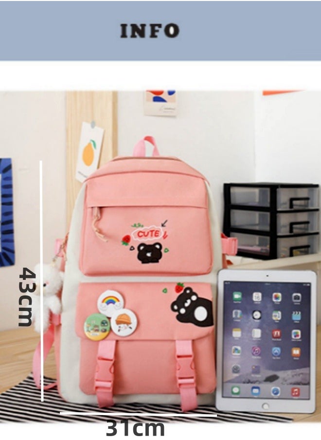 Generic - Cute Backpack Multi Set With Cute Plush Pendants & Badge High Capacity School Bag Cute Aesthetic Backpack 5 Pcs Backpack Fashion Book Bags With Cute Plush Pendant (Blue) - Image 1