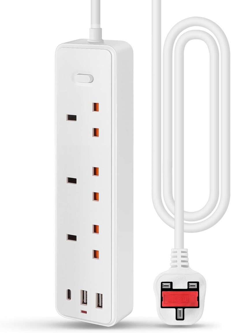 6-in-1 Power Extension Cord. Wall-mounted cord for Home & Office use, Power Extension. Multi-Outlets, Extension Cord (3 Gang 2 USB, & 1 Type-C Port) UK Plugs. - Image 1