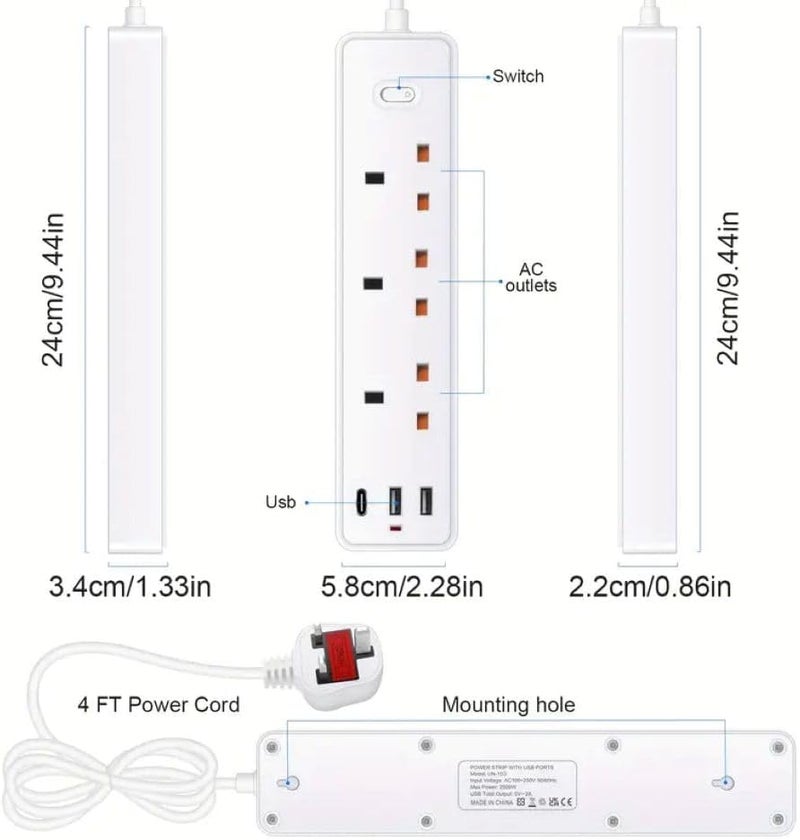 6-in-1 Power Extension Cord. Wall-mounted cord for Home & Office use, Power Extension. Multi-Outlets, Extension Cord (3 Gang 2 USB, & 1 Type-C Port) UK Plugs. - Image 2