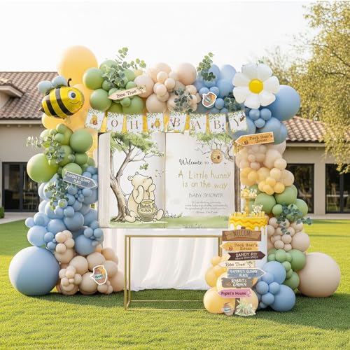 kozee Classic Winnie Baby Shower Balloon Arch Kit Boy with Vintage Bear Baby theme backdrop Directional Sign sticker OH BABY banner Bee Daisy Mylar Balloons for baby Boy Birthday Decorations - Image 1