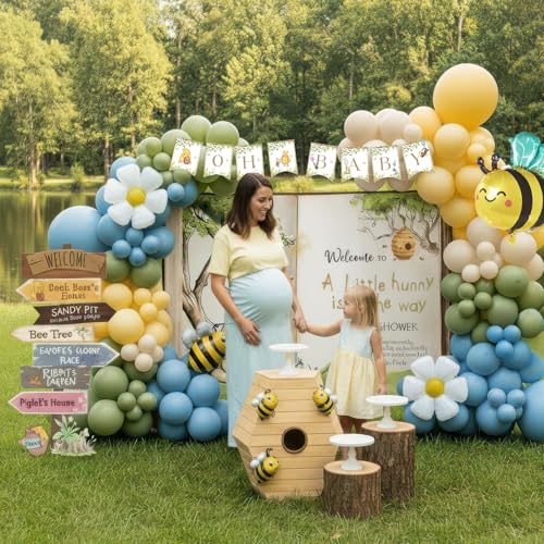 kozee Classic Winnie Baby Shower Balloon Arch Kit Boy with Vintage Bear Baby theme backdrop Directional Sign sticker OH BABY banner Bee Daisy Mylar Balloons for baby Boy Birthday Decorations - Image 3