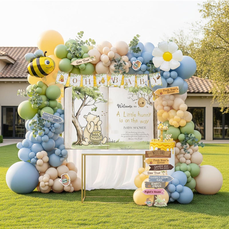 kozee Classic Winnie Baby Shower Balloon Arch Kit Boy with Vintage Bear Baby theme backdrop Directional Sign sticker OH BABY banner Bee Daisy Mylar Balloons for baby Boy Birthday Decorations - Image 2