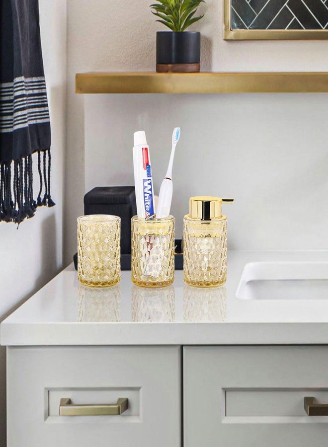 Fvstar Amber Bathroom Accessories Set of 3, Glass Toothbrush Holder, Gold Foaming Soap Dispenser, Soap and Toothbrush Holder, Tumbler Cups Set, Bathroom Countertop Storage Cup Organizer for Decor - Image 2