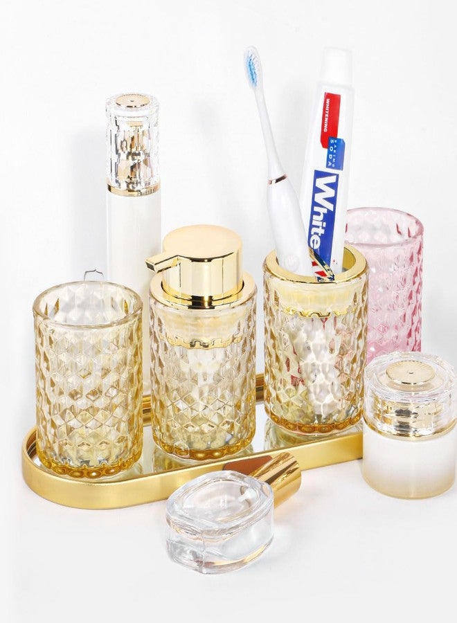 Fvstar Amber Bathroom Accessories Set of 3, Glass Toothbrush Holder, Gold Foaming Soap Dispenser, Soap and Toothbrush Holder, Tumbler Cups Set, Bathroom Countertop Storage Cup Organizer for Decor - Image 3