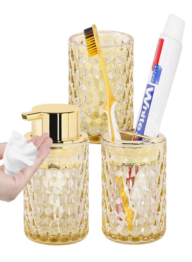Fvstar Amber Bathroom Accessories Set of 3, Glass Toothbrush Holder, Gold Foaming Soap Dispenser, Soap and Toothbrush Holder, Tumbler Cups Set, Bathroom Countertop Storage Cup Organizer for Decor - Image 1