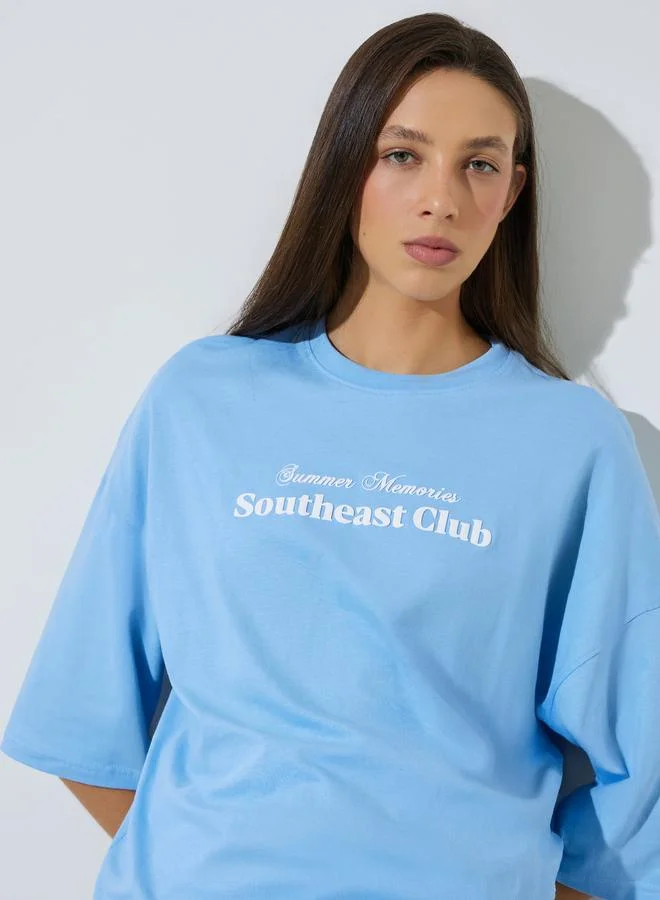 Styli Blue Slogan Print Oversized T-Shirt