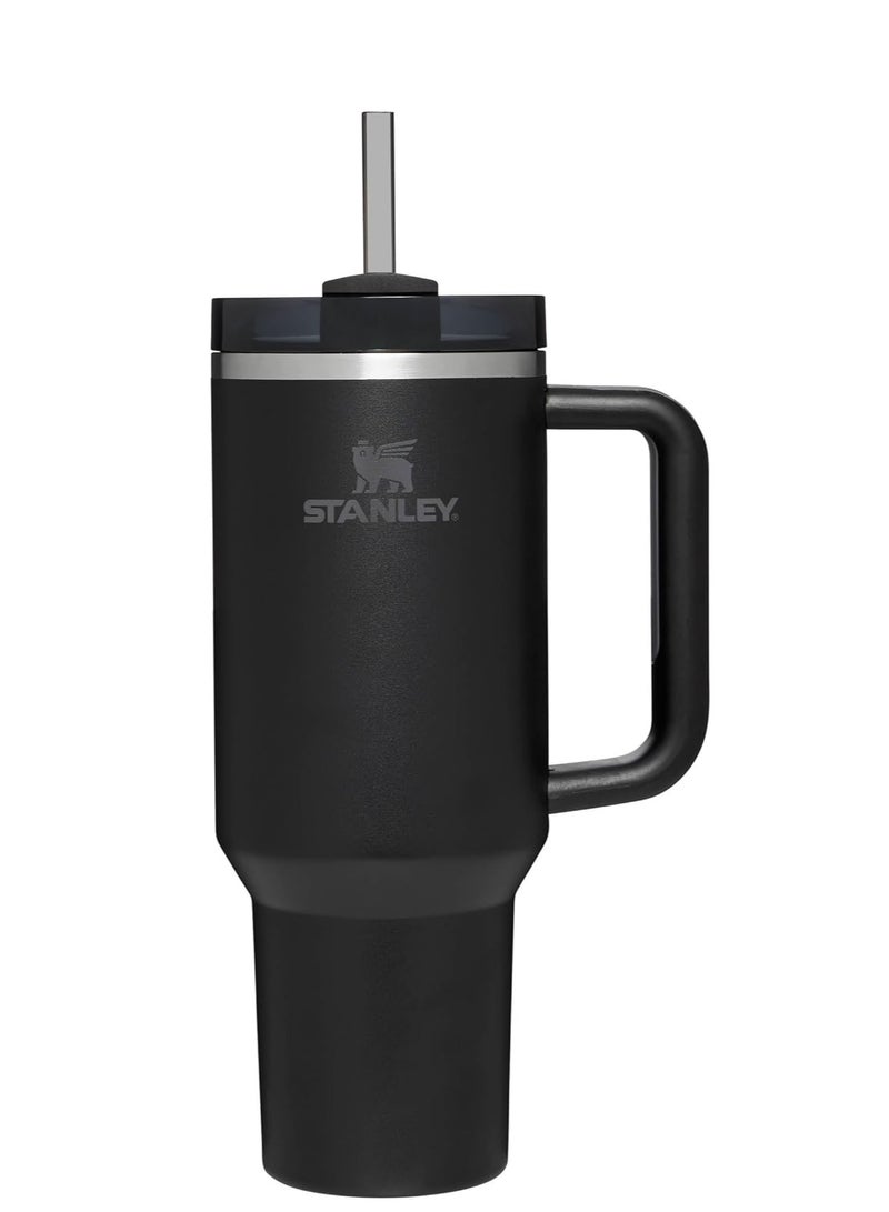 ستانلي كوب Stanley Quencher H2.0 بمقبض وغطاء وقشة، زجاجة مياه معزولة من الفولاذ المقاوم للصدأ، سعة 40 أونصة، كوب قهوة مثلج للكابتشينو والشاي والإسبريسو والمشروبات والعصير - أسود 2.0  - Image 1