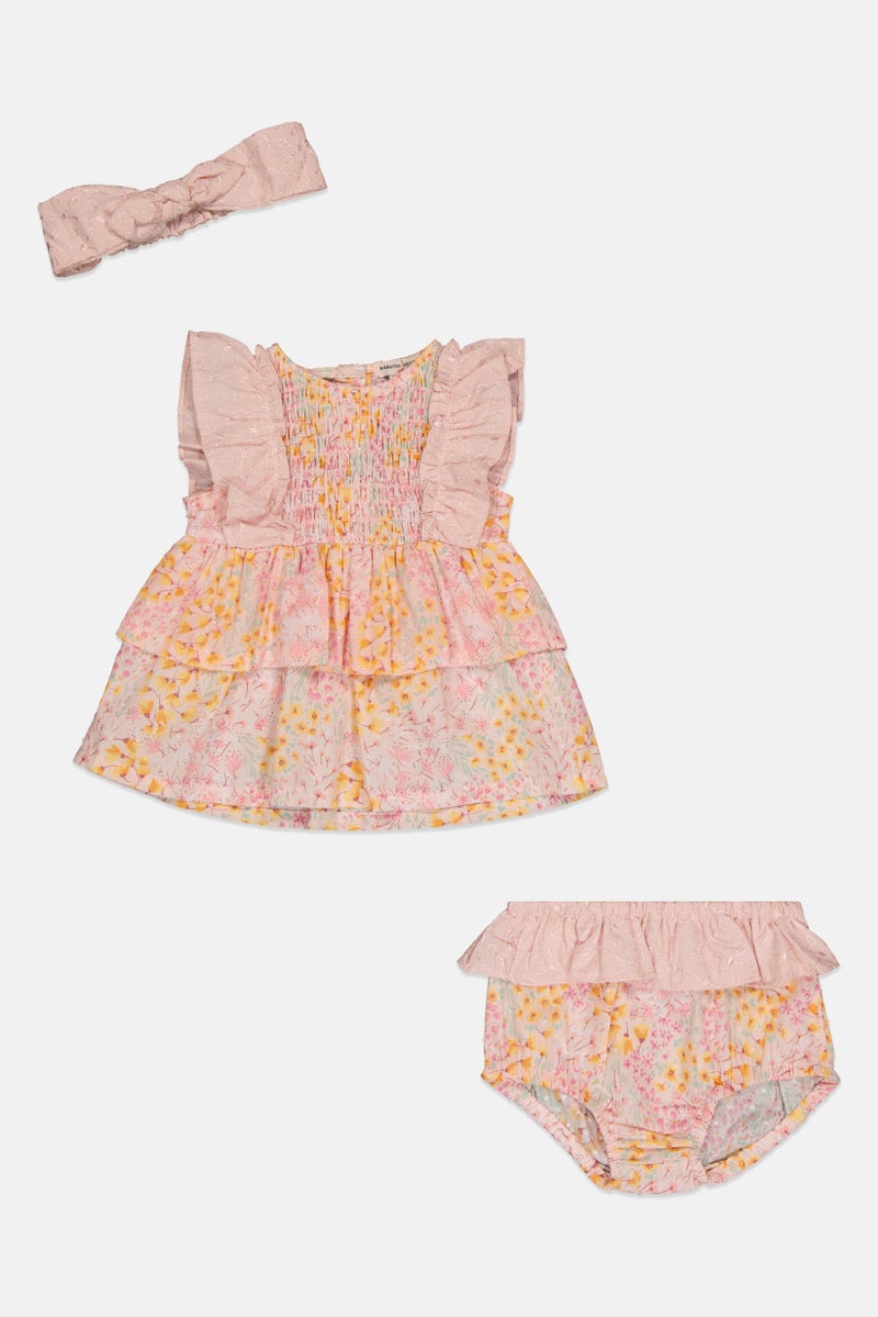 Nanette lepore Toddlers Girl 3 Pieces Floral Pattern Dress And Panty With Headband, Pink - Image 3