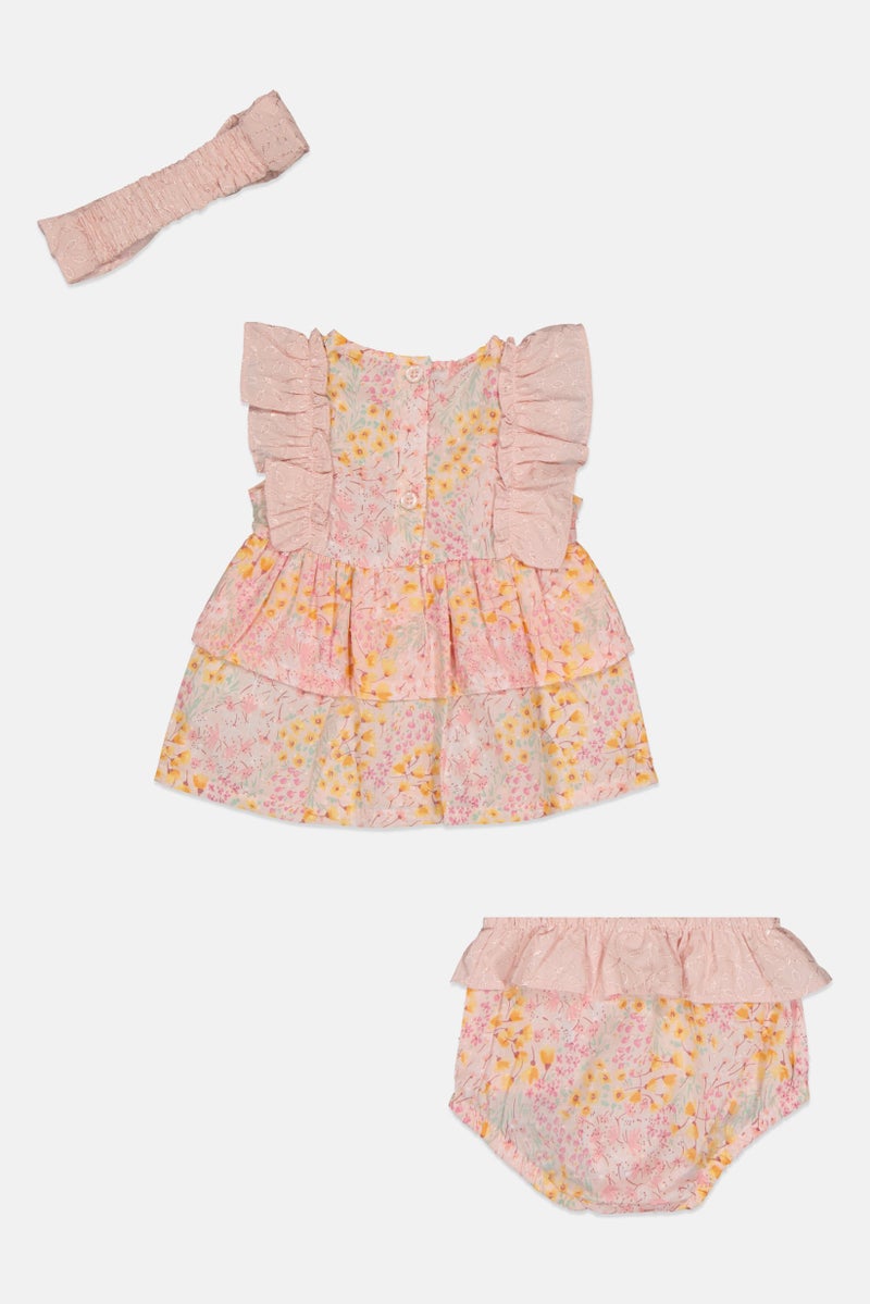 Nanette lepore Toddlers Girl 3 Pieces Floral Pattern Dress And Panty With Headband, Pink - Image 2