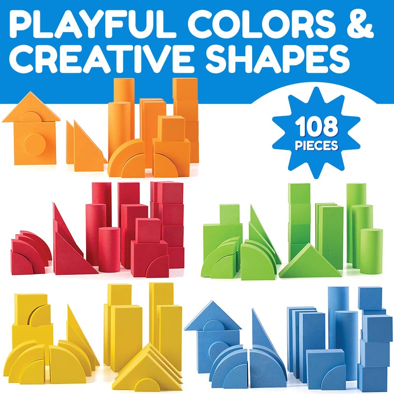 JaxoJoy JaxoJoy Foam Building Blocks for Kids - 108-Piece Soft Foam Blocks for Toddlers - Large, Stackable, Educational STEM Toys - Soft Blocks for Indoor or Outdoor Play - Foam Shapes for Boys and Girls  - Image 2