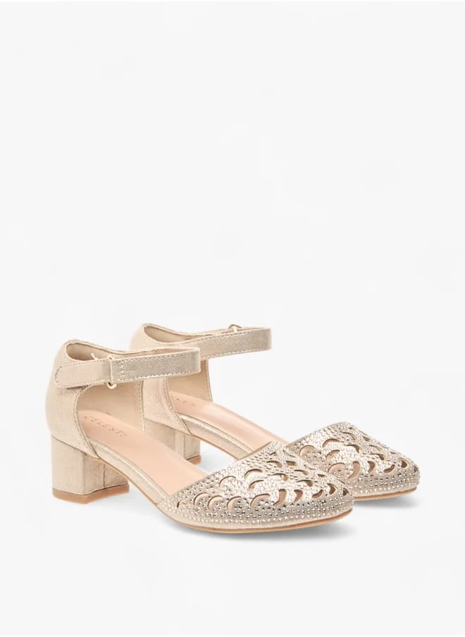 Celeste Girls Embellished Block Heel Shoes With Ankle Strap And Cutout Detail