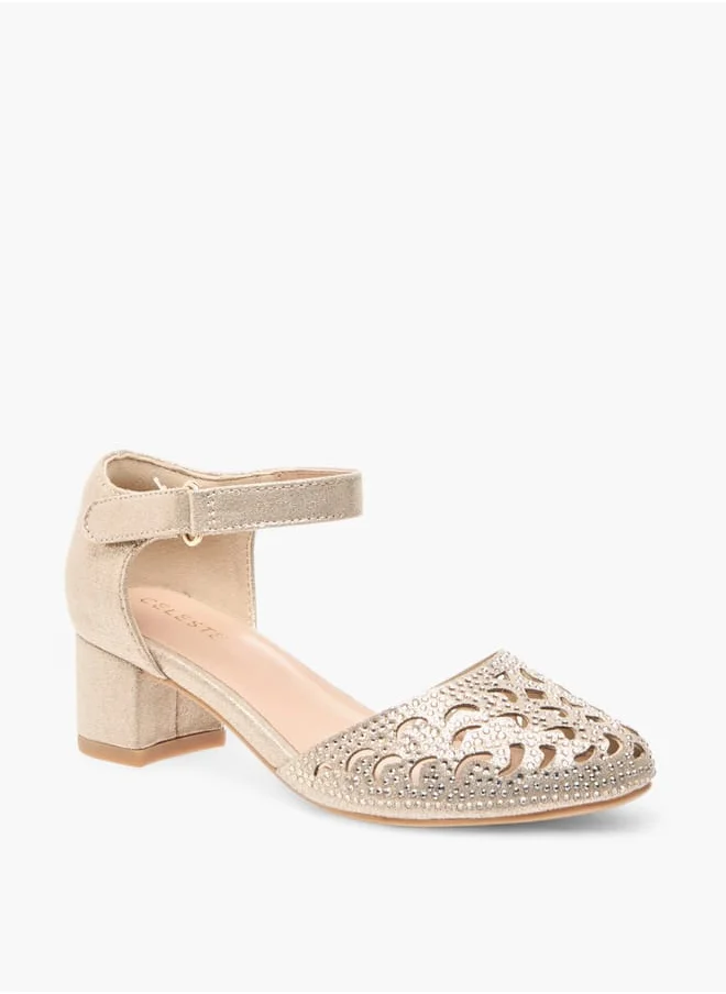 Celeste Girls Embellished Block Heel Shoes With Ankle Strap And Cutout Detail
