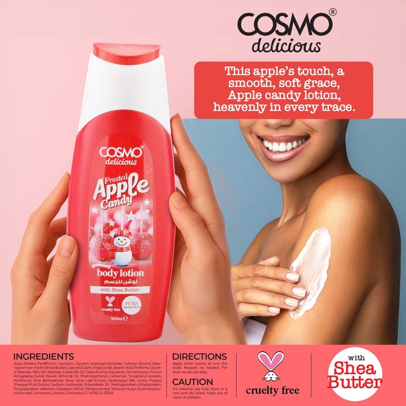 Cosmo Skin Care Delicious Frosted Apple Candy 3 Pieces Gift Set For Women & Men, 150ml Fragrance Mist, 350ml Aloe Vera Shower Gel, 200ml Shea Butter Body Lotion, Festive Sweet Scent For Pure Hydration - Image 5