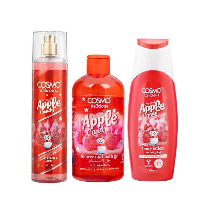 Cosmo Skin Care Delicious Frosted Apple Candy 3 Pieces Gift Set For Women & Men, 150ml Fragrance Mist, 350ml Aloe Vera Shower Gel, 200ml Shea Butter Body Lotion, Festive Sweet Scent For Pure Hydration - Image 2
