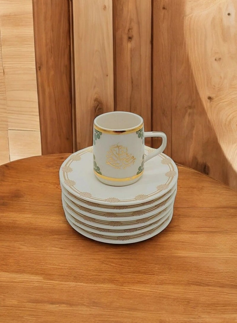 Permier 6-Piece Coffee/Tea Ceramic Cup and Saucer Set white&gold  6 x 80ml