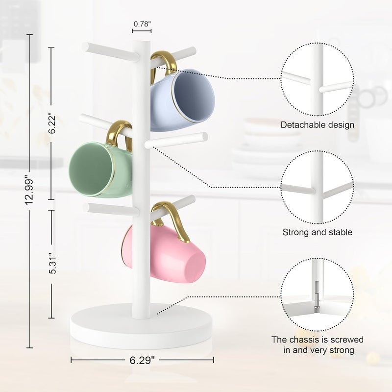 Wisuce White Coffee Mug Tree, Updated Thick Bamboo Mug Holder Base,Coffee Cup Stand Mug Holders with 6 Hooks for Countertop Organizer Stand - Image 2