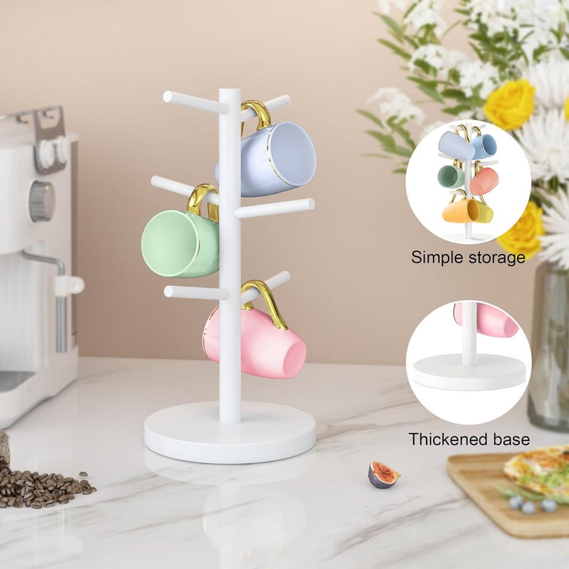 Wisuce White Coffee Mug Tree, Updated Thick Bamboo Mug Holder Base,Coffee Cup Stand Mug Holders with 6 Hooks for Countertop Organizer Stand - Image 3